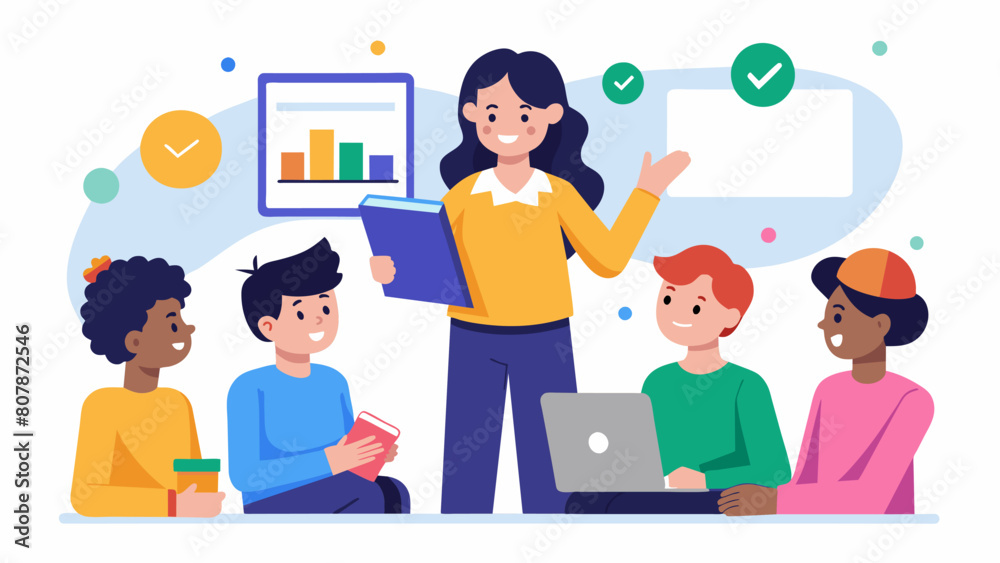 A student presentation on financial literacy with classmates actively taking notes and asking questions.. Vector illustration A student presentation on financial literacy with classmates actively taking notes and asking questions.. Vector illustration