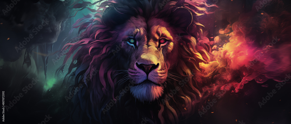 Mystical Lion Digital Art with Swirling Blue and Purple Mane