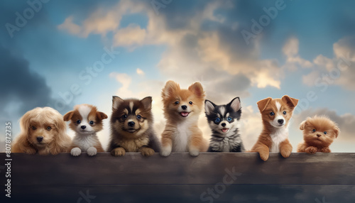 A group of puppies are sitting on a ledge, with one of them being a mix of white © terra.incognita