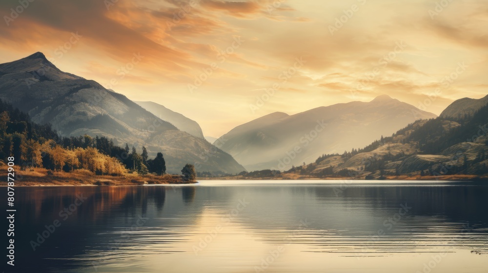 The sun is casting a golden glow as it sets over a tranquil lake surrounded by trees, creating a serene natural landscape with a calm horizon