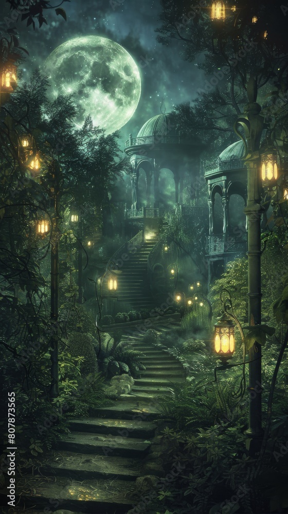 The full moon rises over a long, winding staircase leading into a dark forest. The path is lit by a series of glowing lanterns.