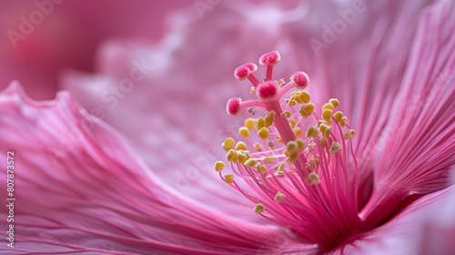 A close up of a pink flower with stamen and pistil, AI