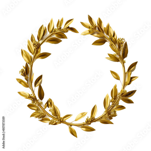 A gold wreath with olive leaves is displayed on a white background