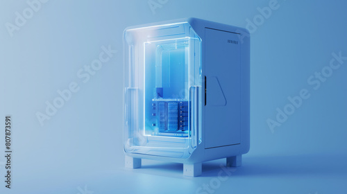 Futuristic server rack cabinet in a minimalistic blue setting