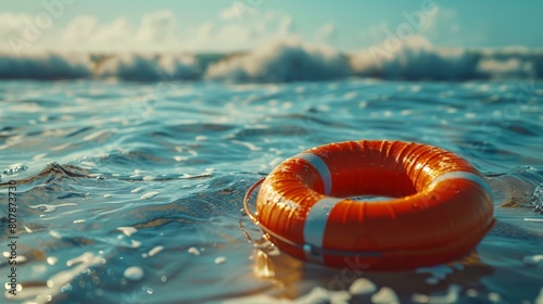 An orange life preserver buoyantly floats on the surface of the ocean photo