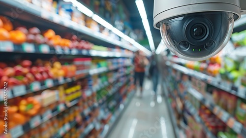 Surveillance camera in a supermarket aisle capturing shoppers and products for security purposes photo