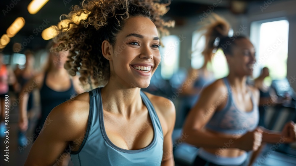A woman smiling while running in a gym with other people, AI
