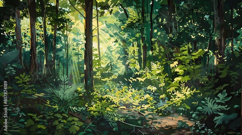The image shows a beautiful forest with green trees and a path leading into the distance. The sun is shining through the trees  creating a dappled pattern on the ground.