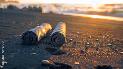 Two yoga mats on the beach at sunset. photo