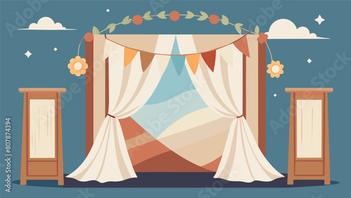 A whimsical photo booth backdrop made from old bed sheets and repurposed frames adding a touch of charm and sustainability to the reception.. Vector illustration