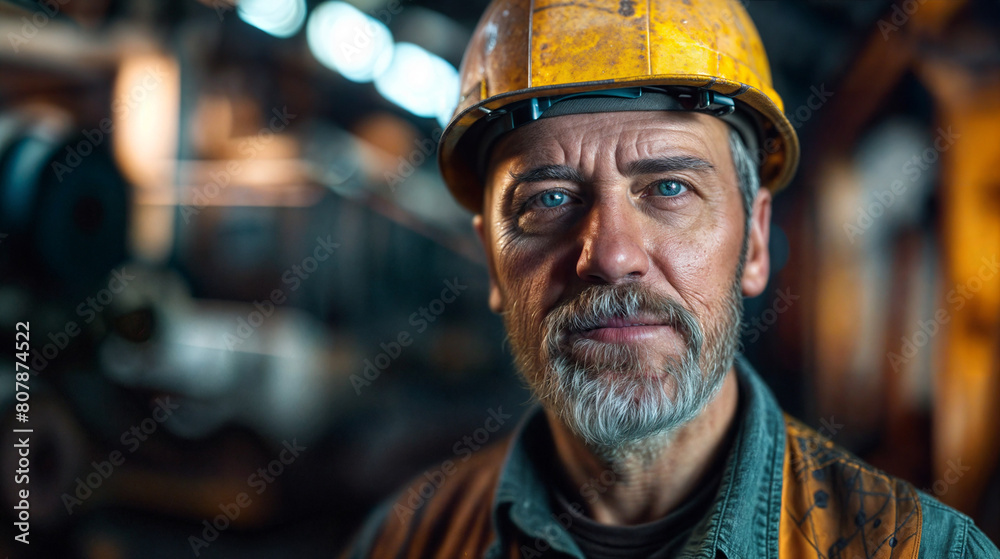 Close-up portrait of a male worker with helmet. A man with brutal, expressive facial features. Hard work in a factory Close-up portrait of a male worker with helmet. A man with brutal, expressive facial features. Hard work in a factory