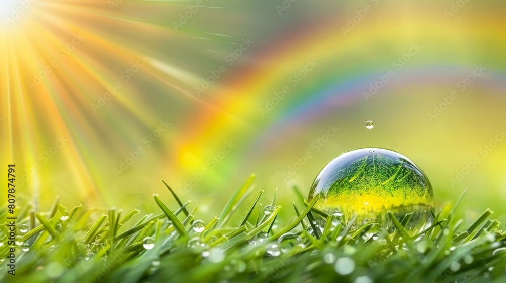 A water droplet rests on green grass with a rainbow in the background, showcasing a beautiful natural phenomenon A water droplet rests on green grass with a rainbow in the background, showcasing a beautiful natural phenomenon