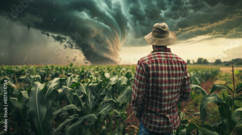 Farmer looks at an approaching tornado over a corn field