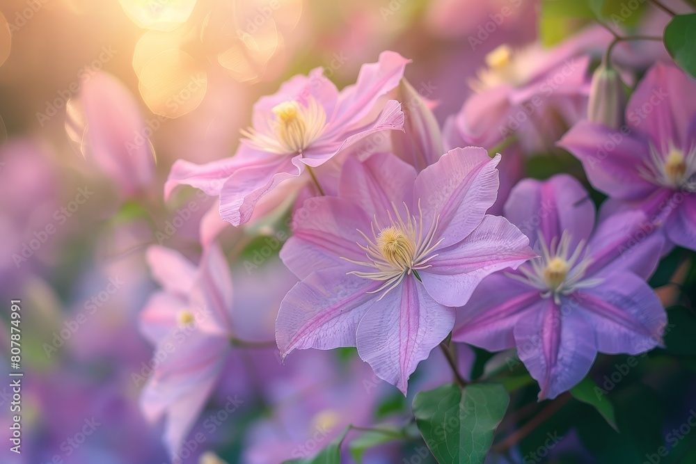 Bright purple clematis flowers basking in the warm sunlight, showcasing their radiant hues and delicate petals Bright purple clematis flowers basking in the warm sunlight, showcasing their radiant hues and delicate petals