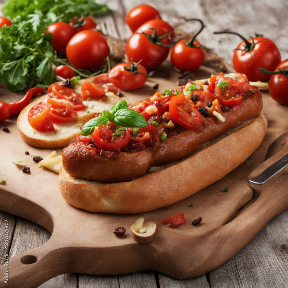 Chili chorizo sausage with tomato bruschetta, yum Chili chorizo sausage with tomato bruschetta, yum
