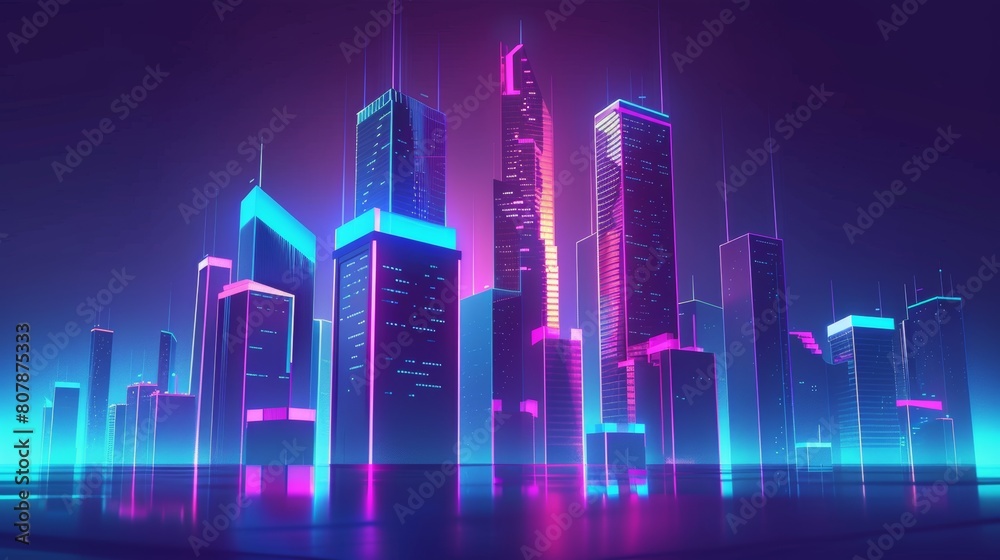 Modern city skyscrapers with neon pink and purple lights, cyberpunk urban buildings with glowing illumination. Cartoon modern illustration of modern city skyscrapers.