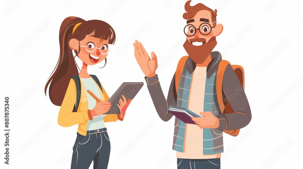 Cartoon illustration of an illustrator holding a tablet and pen and a cheerful little girl waving her arms in greeting. Professional graphic designer, artist painting illustrations Cartoon modern Cartoon illustration of an illustrator holding a tablet and pen and a cheerful little girl waving her arms in greeting. Professional graphic designer, artist painting illustrations Cartoon modern