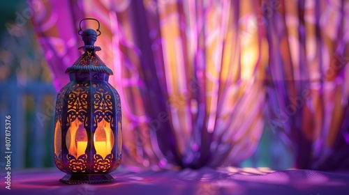 Colorgul lantern with candle lamp with arabic decoration purple curtains Concept for islamic celebration day of eid al fitr adha photo