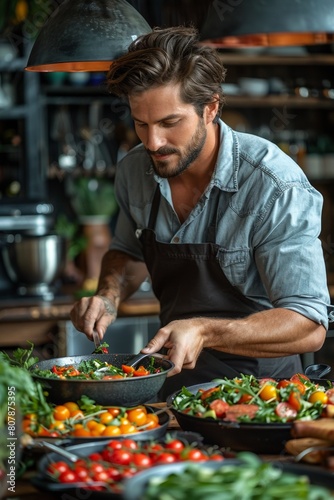 handsome Caucasian man in an apron prepares a fresh salad with vegetables