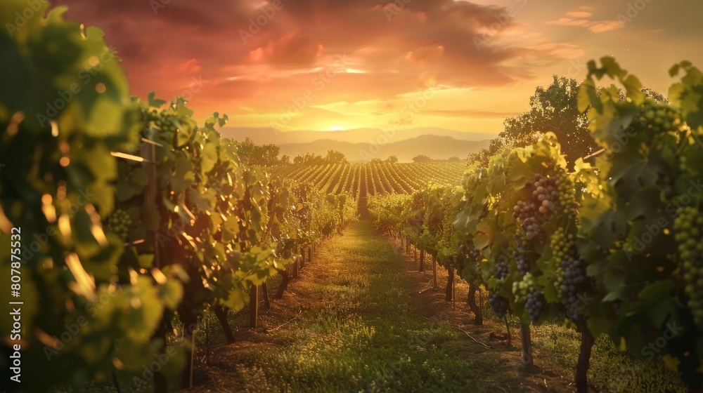 Fototapeta premium The image shows a beautiful sunset over a lush vineyard