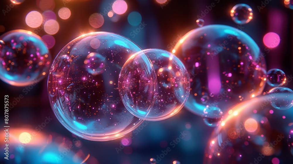 Close-up view of soap bubbles resting on a dark surface, reflecting light and creating a unique pattern Close-up view of soap bubbles resting on a dark surface, reflecting light and creating a unique pattern