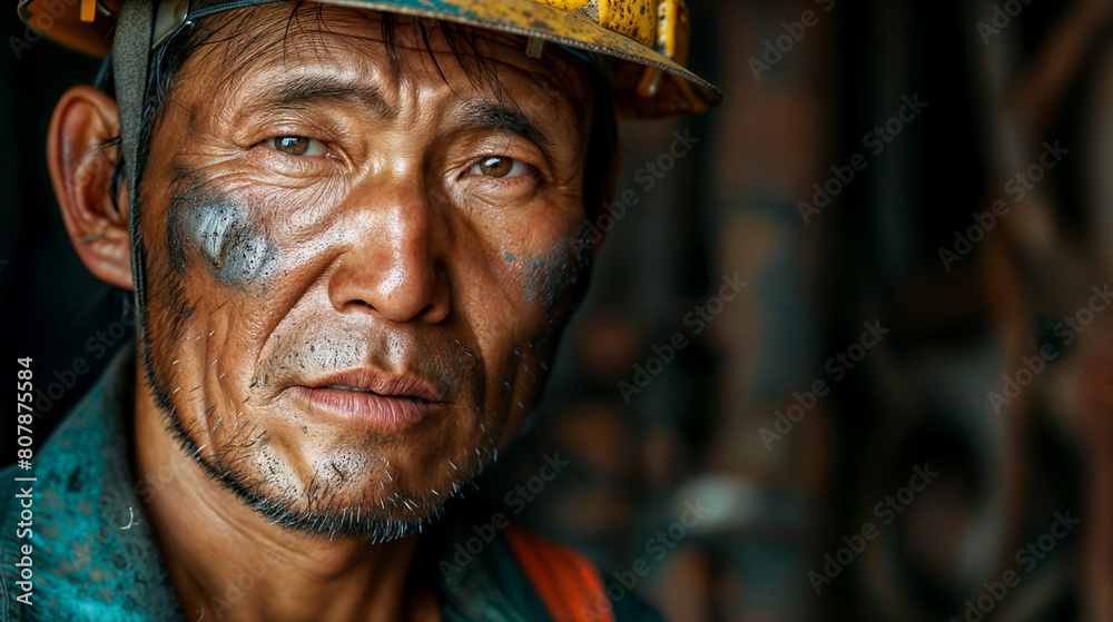 Close-up portrait of a asian male worker with helmet. A man with brutal, expressive facial features. Hard work in a factory Close-up portrait of a asian male worker with helmet. A man with brutal, expressive facial features. Hard work in a factory