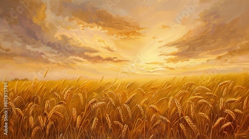 The image shows a golden wheat field under a vast blue sky with white clouds © pornchan