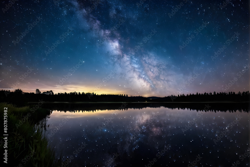 Galactic beauty mirrored in calm lake, suitable for screensavers and nature-themed projects Galactic beauty mirrored in calm lake, suitable for screensavers and nature-themed projects