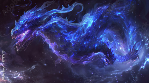 Majestic blue dragon soaring through a starlit night sky