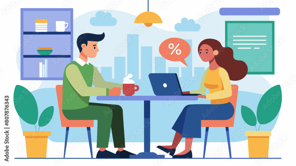 A man and woman sit side by side at a coffee shop discussing the possibility of refinancing their combined student loans to lower their interest. Vector illustration