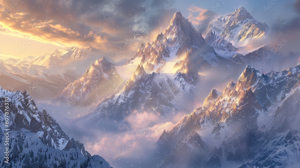 The image shows snow-capped mountains with clouds in the foreground and sunlight in the background.