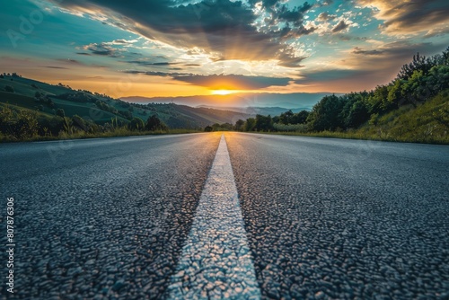 Captivating shot of an empty weathered road stretching towards a dramatic sunset horizon under a cloud-filled sky. Beautiful simple AI generated image in 4K, unique. photo