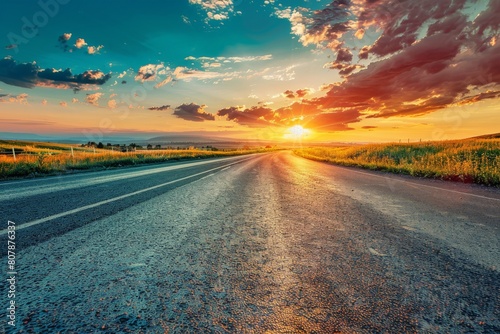 Captivating shot of an empty weathered road stretching towards a dramatic sunset horizon under a cloud-filled sky. Beautiful simple AI generated image in 4K, unique. photo