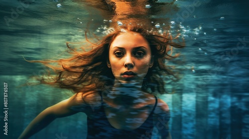 Female swimmer at the swimming pool. Underwater photo