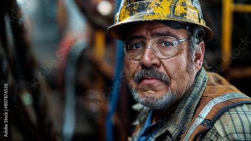 Close-up portrait of a male worker with helmet. A man with brutal, expressive facial features. Hard work in a factory