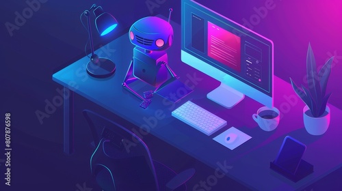 A robot at a desk in an office, a computer table and a coffee cup, for a businessman, analyst, freelancer, a 3D modern illustration, or a line art web banner depicting an office at home. photo