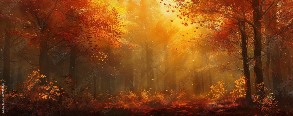 Naklejka premium Enchanting Autumn Forest Scene with Falling Leaves