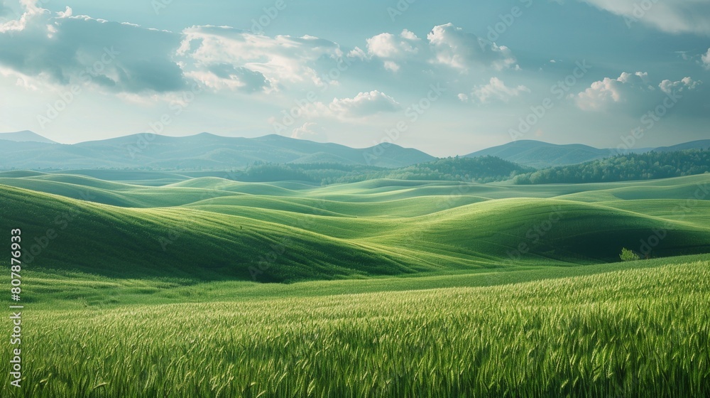 A field of green grass and hills under a blue sky, AI A field of green grass and hills under a blue sky, AI