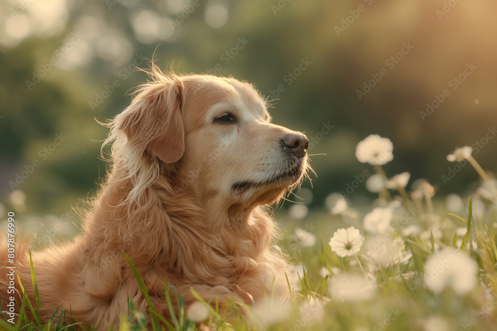 a dog is lying in the flowers field