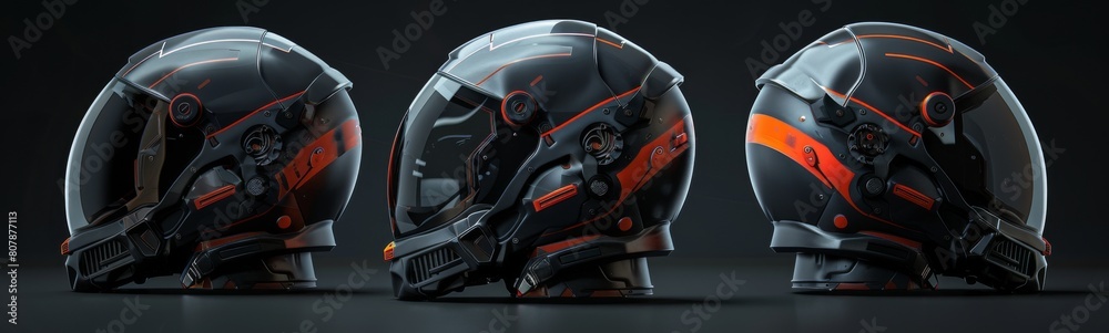 Fototapeta premium Three helmets with orange accents are shown against a black background. Banner