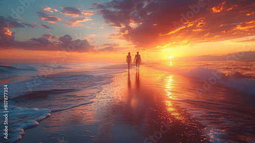 Couple enjoys a romantic beach walk at sunset in summer