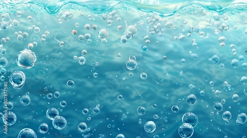 This abstract background is created from air bubbles of cola, soda drink, beer or water. Dynamic fizzy carbonated motion with transparent Aqua and randomly shifting droplets, realistic 3D modern.