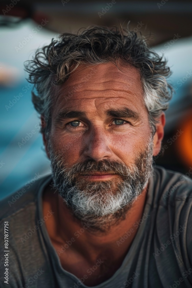 A man with a beard and grey hair is sitting on a boat, looking out into the distance A man with a beard and grey hair is sitting on a boat, looking out into the distance