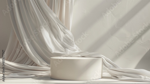 The minimal podium with a flowing white cloth. photo