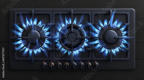 Blue flamed gas stove with black steel grates. Cooktop with lit and off burners. Modern realistic set with propane butane on the hob isolated on transparent background. photo