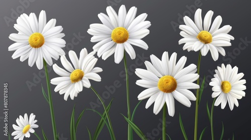 Modern realistic set of camomile blossoms with white petals and yellow pollen. Spring marguerite, garden or wild floral plant. photo
