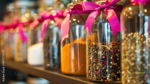 A set of fancy spices with a vibrant bow, arranged on a kitchen shelf.