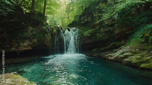 A waterfall in a lush green forest surrounded by trees, AI