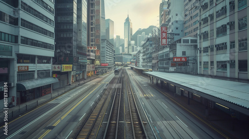 Early morning view of deserted urban street and railway