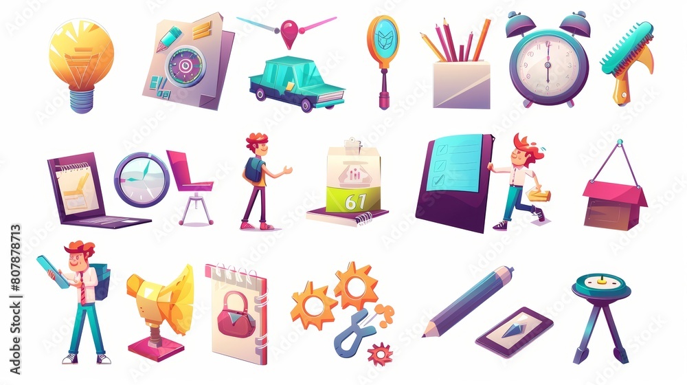 Modern cartoon icon of graphic designer working from order to feedback and review. Graphics show clock, brief, gear, digital tablet, checkmark and checkbox. Modern cartoon icon of graphic designer working from order to feedback and review. Graphics show clock, brief, gear, digital tablet, checkmark and checkbox.